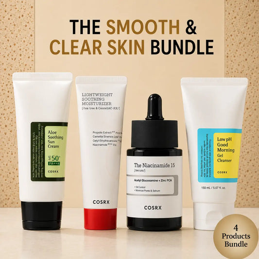 Hudplejesæt til mænd: The Smooth og Clear Skin Bundle med COSRX ansigtsrens, serum, ansigtscreme og SPF Solcreme hos Looxx.