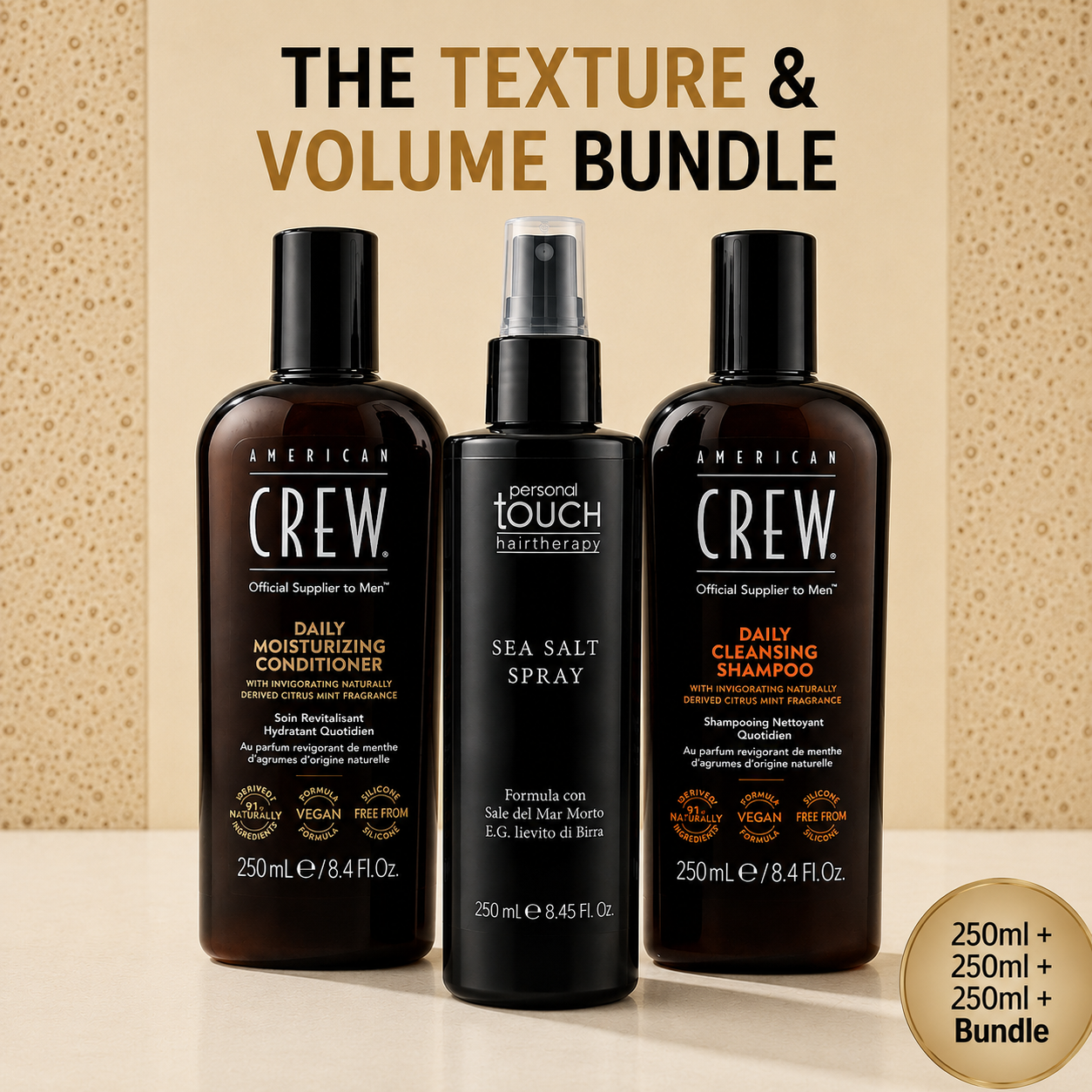 Hårplejesæt til mænd med American Crew shampoo og American Crew conditioner og saltvandsspray fra Personal Touch Hairtherapy "Sea Salt Spray"